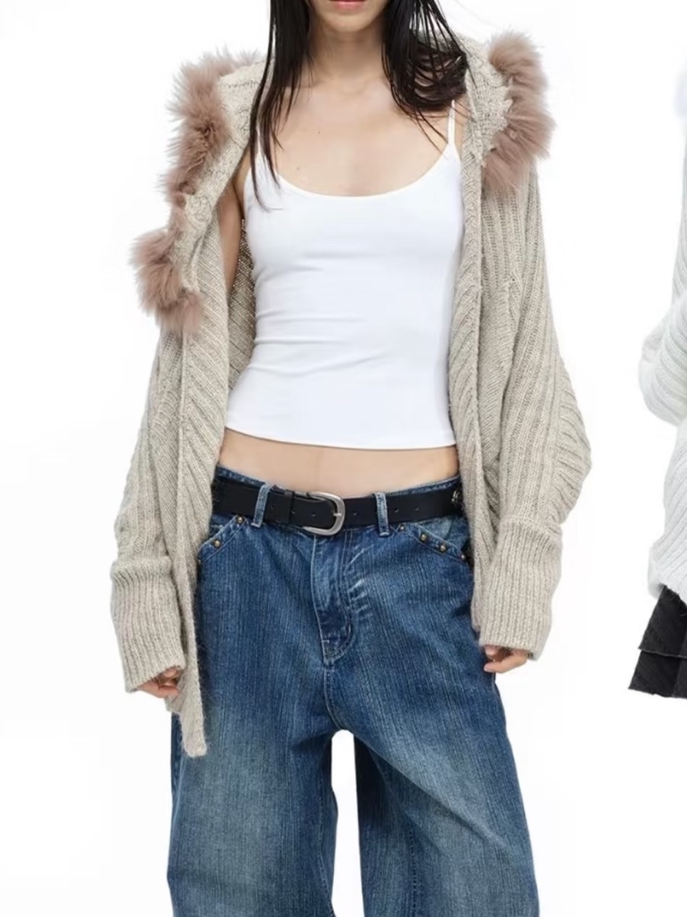 Beige Cable-Knit Hooded Sweater with Rabbit Fur Trim